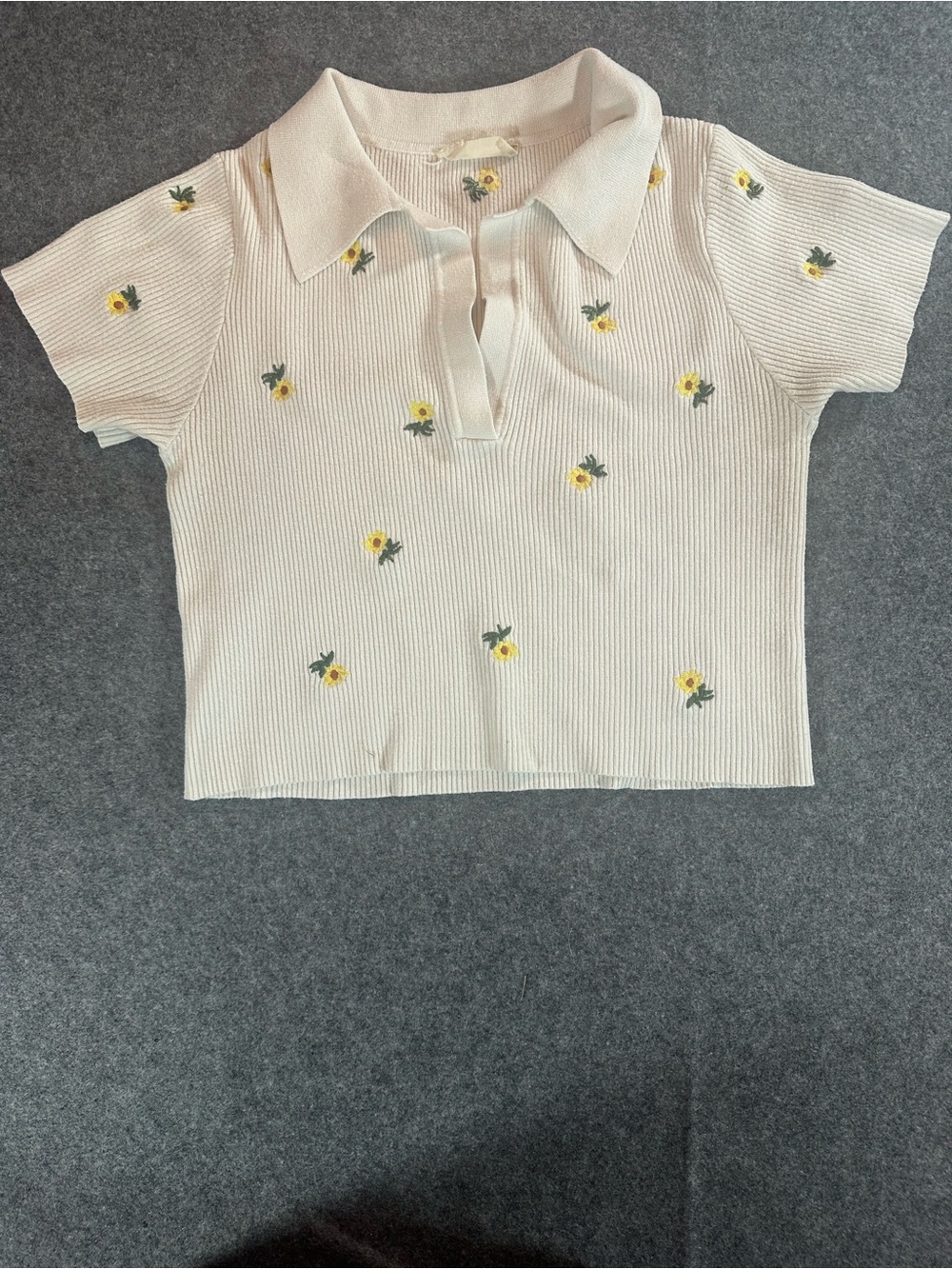 Altar'd State White Polo Top with Yellow Floral Embroidery